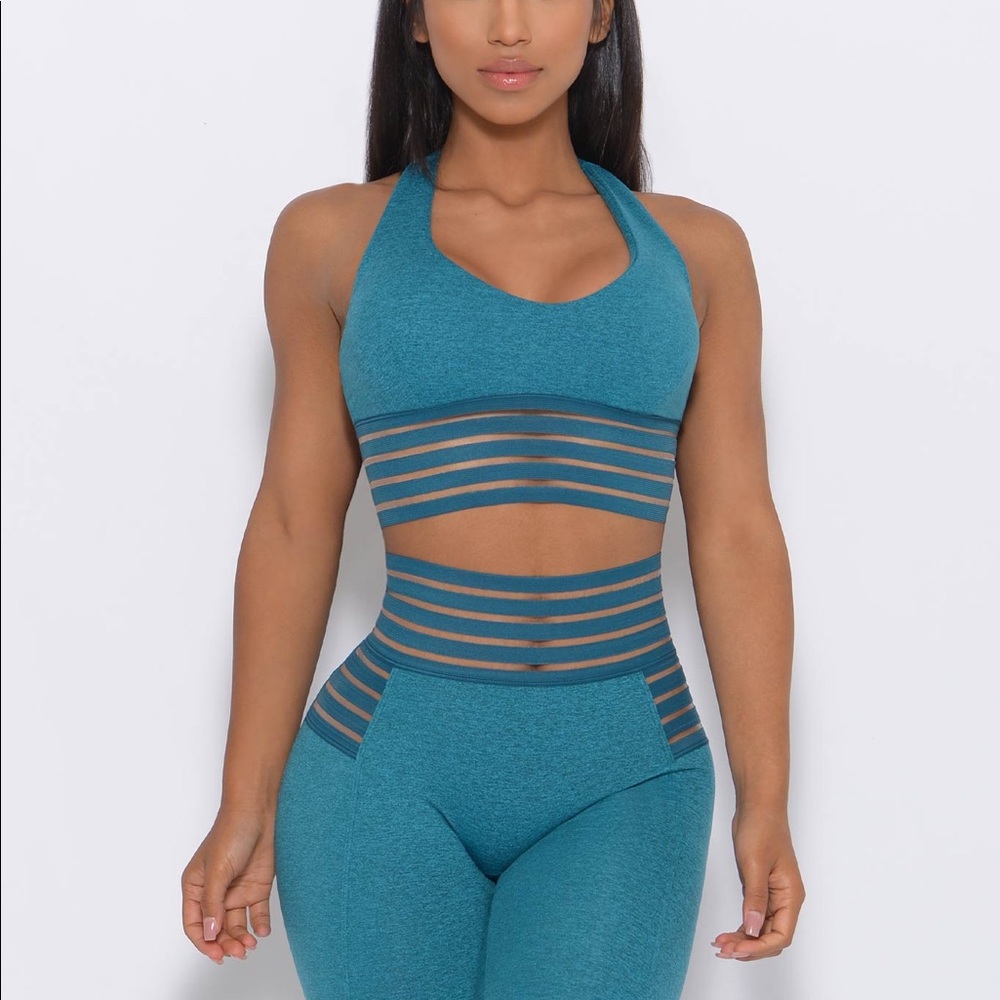 NEW S Bombshell Sportswear Blue Statement Padded Longline Strappy Bra Crop SM